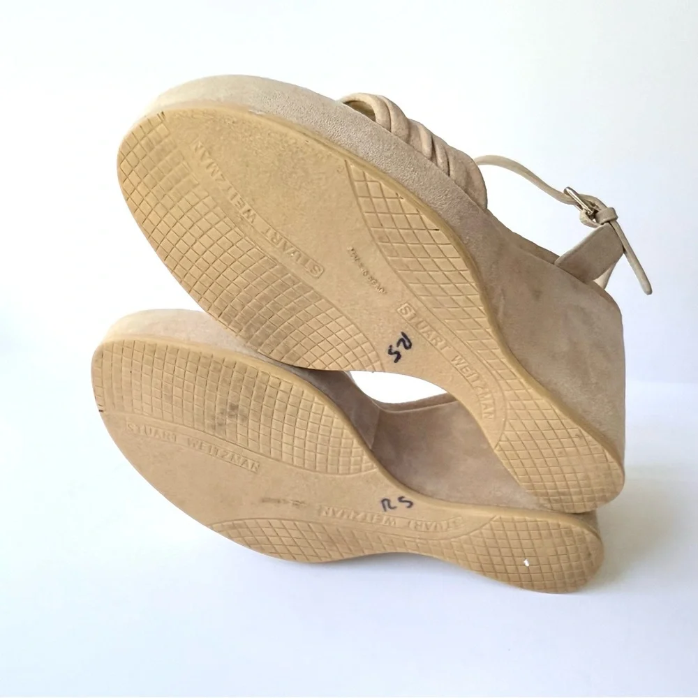 Stuart Weitzman Sundraped Tan / Beige Suede Wedge Ankle Strap Sandals 8.5